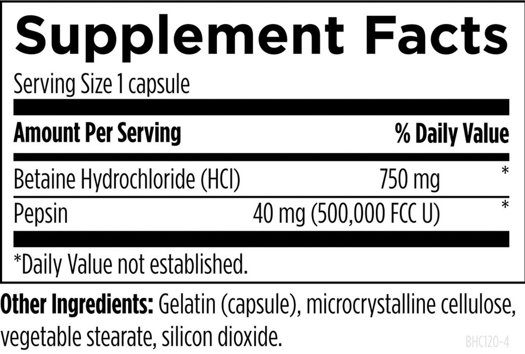 Betaína HCl 750 mg con Pepsina (120 caps), Designs for Health