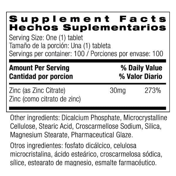 Citrato De Zinc 30 Mg, (100 Tabletas), Bio Nutrition