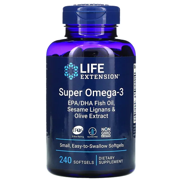 Super Omega-3 EPA/DHA Aceite de Pescado , Lignanos De Sésamo Y Extracto De Oliva (240 softgels), Life Extension