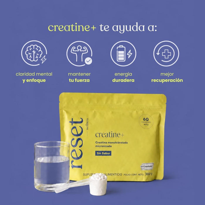 Creatine+ Creatina Monohidratada Micronizada Sin Sabor (300 g, 60 porciones), Reset Wellness