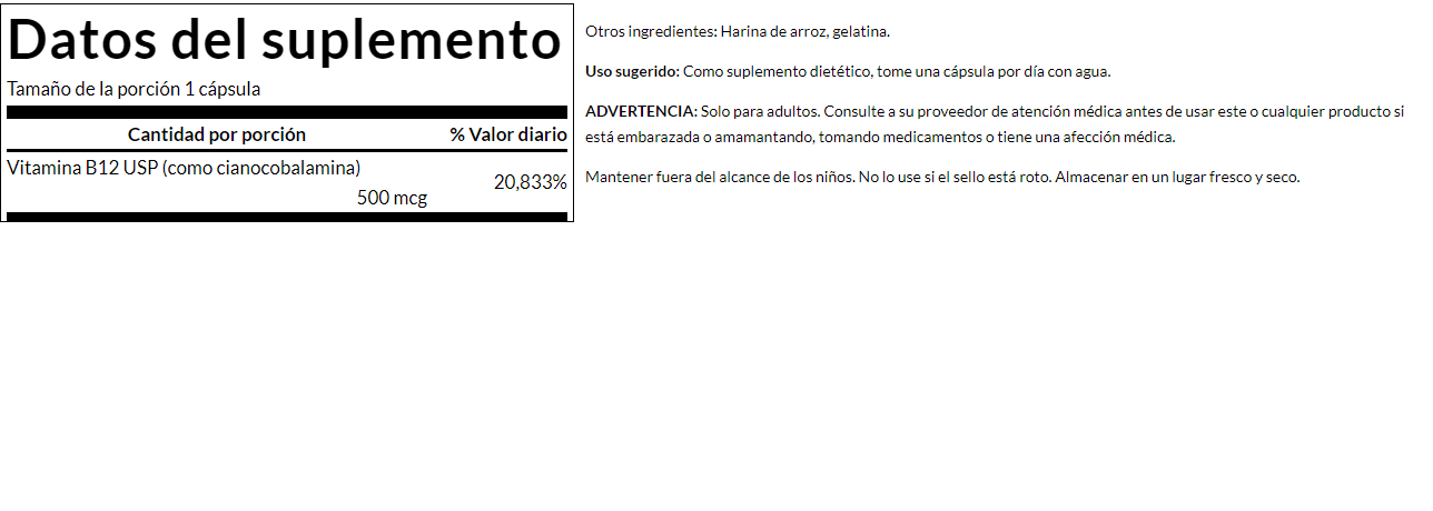 Vitamina B12 (Cianocobalamina) 500 mcg (250 caps) , Swanson