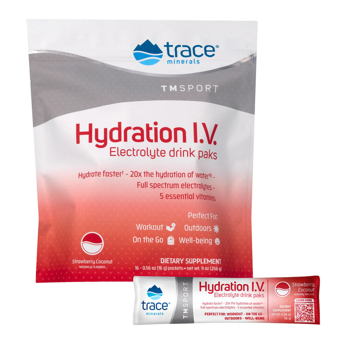 Hidratación I.V. Electrolito sabor Fresa Coco (16packs de 0.56 oz) , Trace Minerals