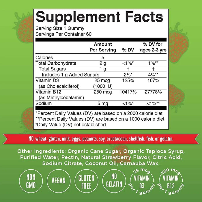 Gummies D3 + B12, Strawberry 60 gummies Mary Ruth